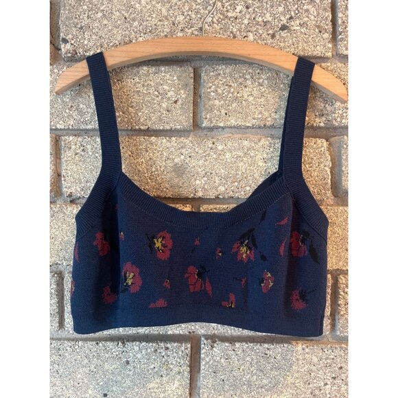 Zara Navy Blue Floral Knit Crop Top With Button Detail - Picture 5 of 8